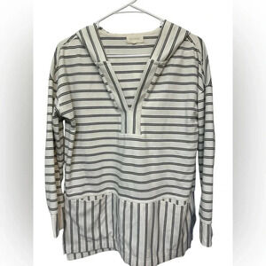 Women's Mello Day Hooded White w Black Striped Pullover Sweater